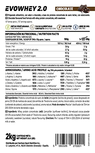 Concentrado de Proteína de Suero de HSN Evowhey Protein 2.0 | Sabor Chocolate 2 Kg = 67 Tomas por Envase | Batido Proteínas Whey para Ganar Masa Muscular | Rico en BCAAs y Glutamina