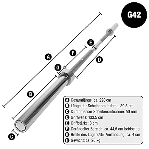 C.P. Sports barras de pesas olímpica 50mm, hasta 250 kg, longitud total 220 cm, discos mancuerna, discos con agujeros de agarre engomado 50 mm, peso total 99 kg, abrazadera cierre 50 mm