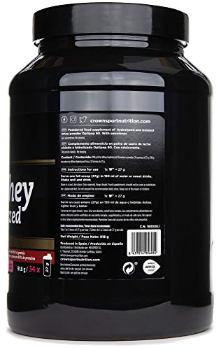Crown Sport Nutrition ISO Whey Hydrolyzed Optipep 90, Proteína de Suero de Leche, Suplemento para Deportistas, Sabor de Fresa - 918 g