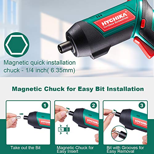 Destornillador Eléctrico 6N.m, HYCHIKA Atornillador Eléctrico Inalámbrico 3.6v Batería 2,0 Ah. LED Luz, Cargador con Cable 3.5mm, 20 Accesorios