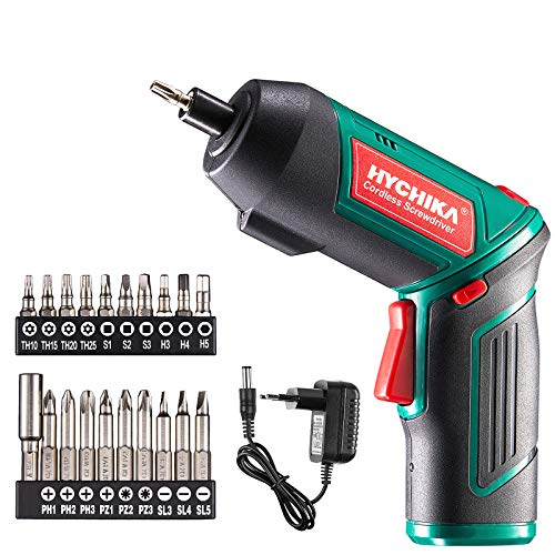 Destornillador Eléctrico 6N.m, HYCHIKA Atornillador Eléctrico Inalámbrico 3.6v Batería 2,0 Ah. LED Luz, Cargador con Cable 3.5mm, 20 Accesorios
