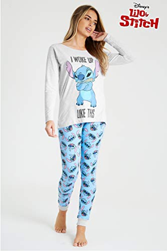 Disney Pijama Mujer Invierno Manga Larga de Stitch (S, Azul/Gris)
