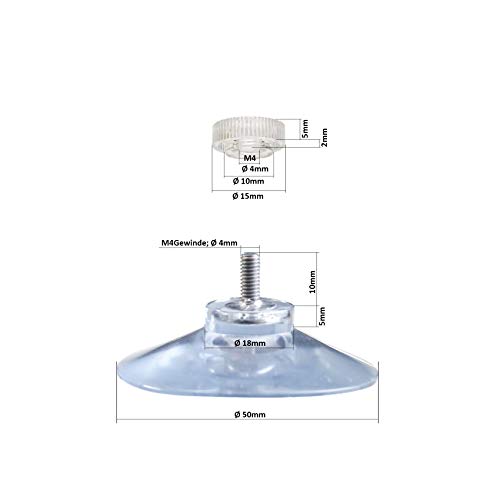 DIYexpert® 20 x Ventosas diámetro 50 mm con Rosca M4 x 10 mm Incluye Tuercas moleteadas Transparentes, Fabricadas en Alemania