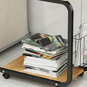 DlandHome Mesa Auxiliar En Forma de U con Ruedas Cesta, Portátil para Sofá Salón Mesa de Centro Soporte para Ordenador para Lectura/Desayuno, Roble