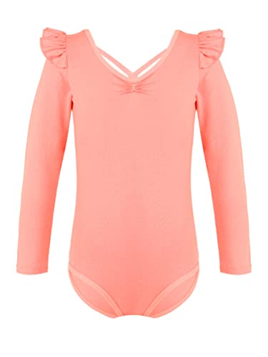 dPois Maillot de Ballet para Niña Maillot Leotardos de Gimnasia Rítmica Manga Larga con Volantes Ropa de Danza Pantinaje Body Yoga Fitness Niñas Naranja 7-8 años