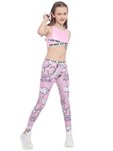 dPois Ropa Deportiva Niñas Chandales Estampados Crop Top Corto y Pantalones Leggings Deporte Chicas Chalecos Deportivos Danza Conjuntos Gym Yoga Fitness Rosa 5-6 años