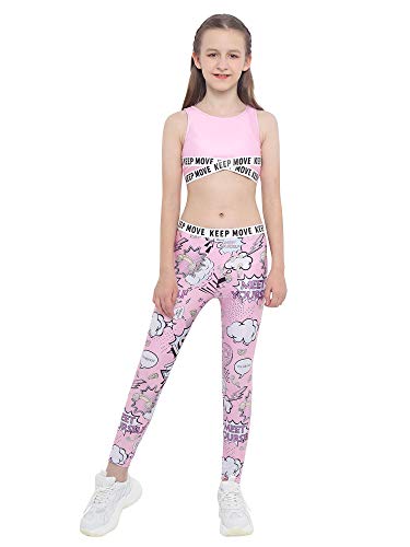 dPois Ropa Deportiva Niñas Chandales Estampados Crop Top Corto y Pantalones Leggings Deporte Chicas Chalecos Deportivos Danza Conjuntos Gym Yoga Fitness Rosa 5-6 años