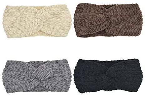 DRESHOW 4 Piezas Crochet Arco Turbante Knit Diadema Mujer Invierno Vendas Elasticas Anchas Tejida Lana Cintas Para El Pelo Banda de pelo más cálido