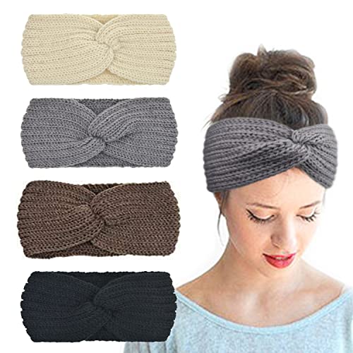 DRESHOW 4 Piezas Crochet Arco Turbante Knit Diadema Mujer Invierno Vendas Elasticas Anchas Tejida Lana Cintas Para El Pelo Banda de pelo más cálido