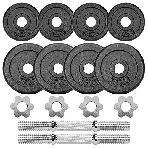 ECD Germany Juego de 2x Mancuernas Placas de Peso de Hierro Fundido Barras de Acero Superficie de Agarre Ondulada 8 Pesas de Peso 4x 2,5kg / 4x 1,25kg Seguridad Bloqueo de Estrella Incluido Maletín