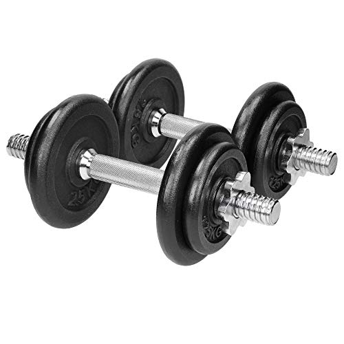 ECD Germany Juego de 2x Mancuernas Placas de Peso de Hierro Fundido Barras de Acero Superficie de Agarre Ondulada 8 Pesas de Peso 4x 2,5kg / 4x 1,25kg Seguridad Bloqueo de Estrella Incluido Maletín