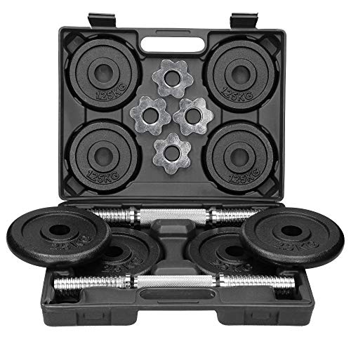 ECD Germany Juego de 2x Mancuernas Placas de Peso de Hierro Fundido Barras de Acero Superficie de Agarre Ondulada 8 Pesas de Peso 4x 2,5kg / 4x 1,25kg Seguridad Bloqueo de Estrella Incluido Maletín