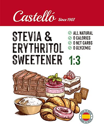 Edulcorante Stevia + Eritritol 1:3 - Granulado - Sustituto del Azúcar 100% natural - Hecho en España - Keto y Paleo - Castello since 1907 (1g = 3g de Azúcar (1:3), Bote 1 kg)