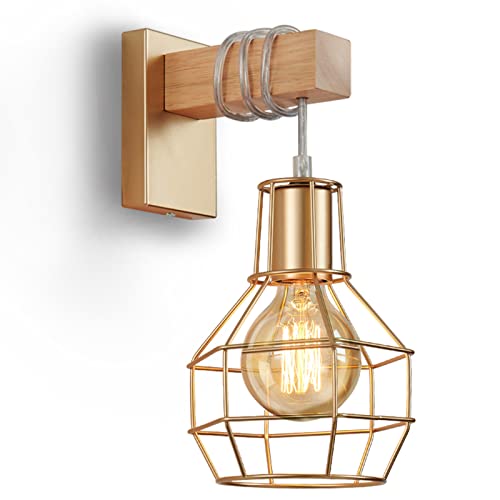 ENCOFT Lámpara de Pared de Interior Jaula, Industrial Aplique de Pared en Metal y Madera, Vintage Luz Iluminación de Pared E27 Base para Sala de Estar Dormitorio Comedor, Latón Sin Bombilla