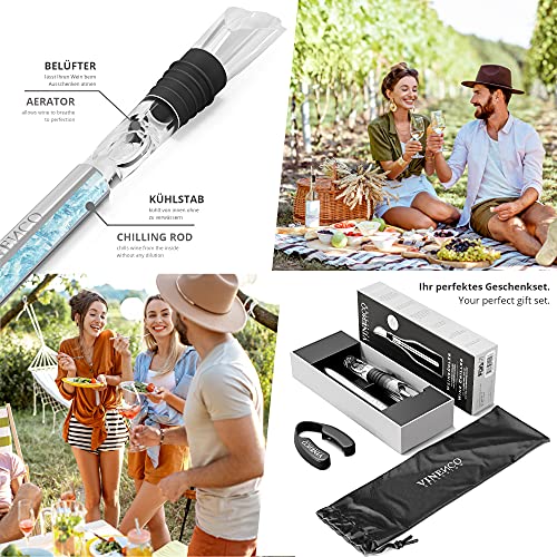 Enfriador de Botellas de Vino Blanco, 3 en 1 Kit: Juego de Refrigeración (Acero) de Calidad + Tapón–Decantador + Aireador | Accesorios Bar, Idea Regalo Mujer Hombre Cumpleaños Fiesta Amigo Barman