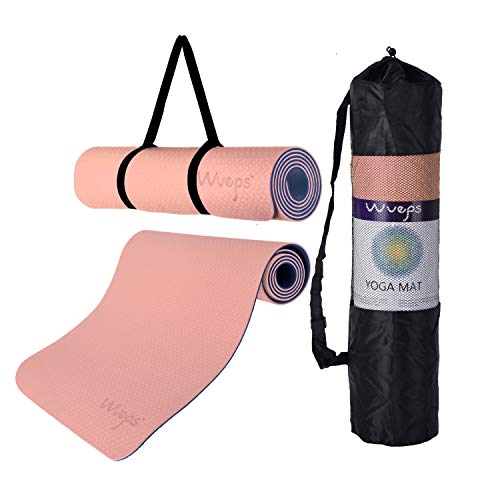 esterilla deporte, esterilla yoga Wueps, incluye correa de hombro y bolsa de transporte, ideal para realizar deporte en casa, yoga mat, esterilla yoga antideslizante, (Color Rosa Goma y Azul Oscuro)