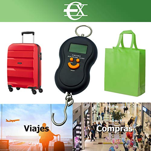 EUROXANTY® Báscula digital de viaje | Báscula portátil | Báscula de equipaje | Peso máximo 50 kg | Pilas AAA incluidas | Báscula con luz azul | Báscula con gancho | COLOR NEGRA