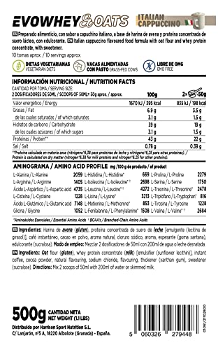 Evowhey & Oats de HSN | Sabor Capuchino 500 gr = 10 Tomas | Proteína Whey con Harina de Avena | Ideal para Desayunos o Meriendas | Bajo en Azúcar | No-GMO, Vegetariano, Sin Gluten ni Soja