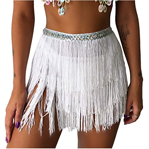 Falda para danza del vientre, danza del vientre con lentejuelas, borlas, faldas para mujer, Blanco, Talla única
