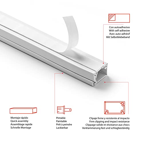 FAMATEL – Canaleta Cables Adhesiva | 5 Metros | 10 x 16 mm | Novedad - Formato Enrollable | Rectangular | Fácil Montaje con Autoadhesivo | Canaleta para cableado | Blanco