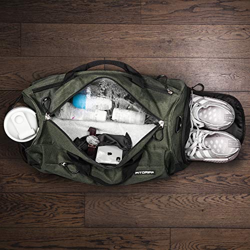 Fitgriff® Bolsa Deporte Fitness - Hombre y Mujer - Bolsa de Viaje - Macuto con Zapato y Compartimento Húmedo - de Gimnasio, Gym (Army Green, Medium)