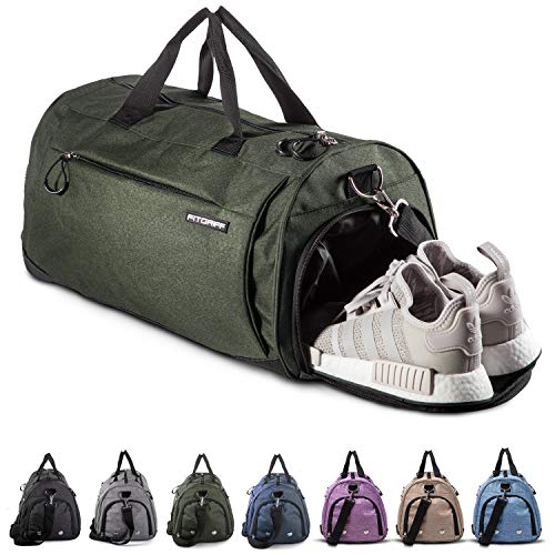 Fitgriff® Bolsa Deporte Fitness - Hombre y Mujer - Bolsa de Viaje - Macuto con Zapato y Compartimento Húmedo - de Gimnasio, Gym (Army Green, Medium)