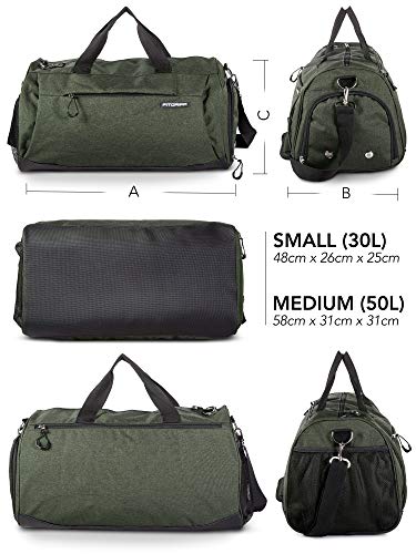 Fitgriff® Bolsa Deporte Fitness - Hombre y Mujer - Bolsa de Viaje - Macuto con Zapato y Compartimento Húmedo - de Gimnasio, Gym (Army Green, Medium)
