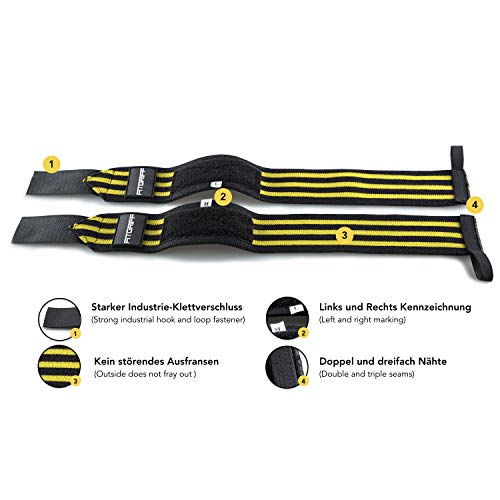Fitgriff® Muñequeras Gym, Deportivas, Musculación, Gimnasio, Calistenia, Wrist Wraps - Mujeres y Hombres - Black/Yellow