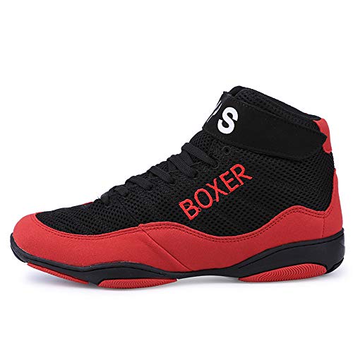 FJJLOVE Zapatos De Lucha Libre, Ligeros Transpirables Boxeo/Botas De Lucha Suela De Goma Entrenamiento Zapatillas Deportivas para Hombres Mujeres Niños Niños Adolescentes,Rojo,42
