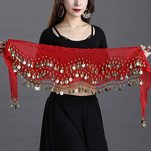 FLOFIA 1pc Cinturón Danza del Vientre Mujer Bufanda Pañuelo de cCintura Cadera Falda para Danza Baile Oriental con 128 Monedas Lentejuelas Belly Dance Scarf Belt - Rojo