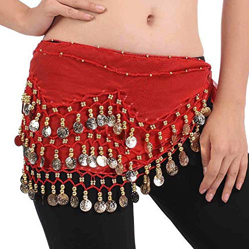 FLOFIA 1pc Cinturón Danza del Vientre Mujer Bufanda Pañuelo de cCintura Cadera Falda para Danza Baile Oriental con 128 Monedas Lentejuelas Belly Dance Scarf Belt - Rojo
