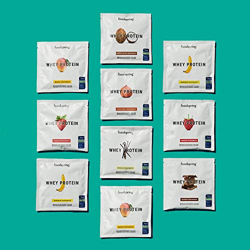 foodspring Muestras de Proteína Whey, Sabores distintos, 10 x 30g, Fórmula en polvo alta en proteínas para unos músculos más fuertes, elaborada con leche de pastoreo de primera calidad