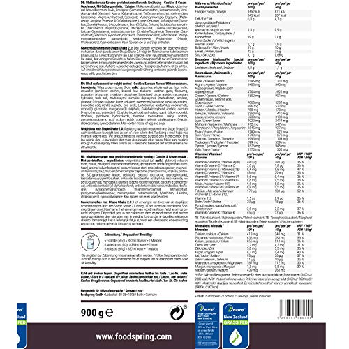 foodspring Shape Shake 2.0, Chocolate, 900 g, Sustitutivo de comidas para controlar el peso, Alto en proteínas y fibras