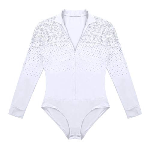 Freebily Leotardo Hombre de Danza Latina Tango Rumba Patinaje Maillot Brillo Manga Larga de Gimnasia Fitness Práctica Bodysuit Monos Cuello en V Blanco Medium