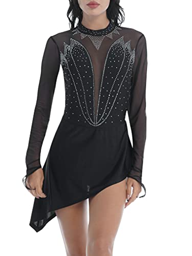 Freebily Vestido Lentejuelas de Baile Latino para Mujer Vestido Manga Larga de Patinaje Artistico Maillot de Gimnasia Ritmica Ropa de Baile Mujer Negro M
