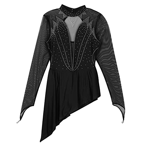 Freebily Vestido Lentejuelas de Baile Latino para Mujer Vestido Manga Larga de Patinaje Artistico Maillot de Gimnasia Ritmica Ropa de Baile Mujer Negro M