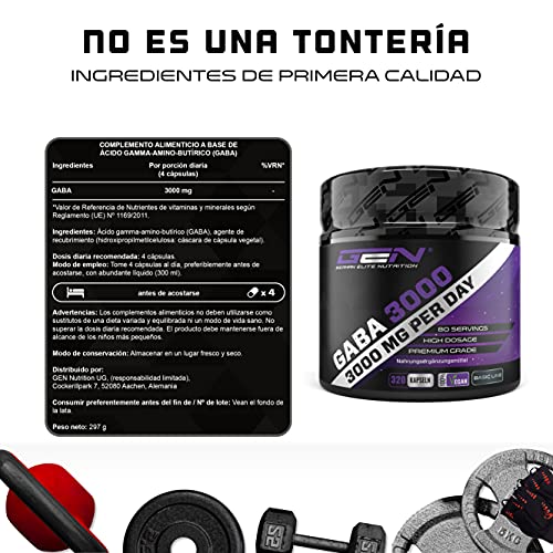 GABA 3000 - 320 Cápsulas a 750 mg - Ácido Gamma Aminobutírico - Altamente dosificado con 3000 mg por porción diaria - Aminoácido - Vegano - Probado en laboratorio