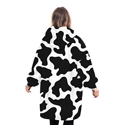 Geagodelia Manta de gran tamaño con capucha y forro polar esponjoso para hombres, mujeres, niños, manta con capucha con bolsillo frontal grande para familia a juego, Blanco y negro - Vaca, Talla única