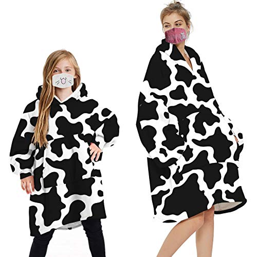 Geagodelia Manta de gran tamaño con capucha y forro polar esponjoso para hombres, mujeres, niños, manta con capucha con bolsillo frontal grande para familia a juego, Blanco y negro - Vaca, Talla única