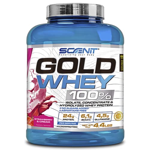 Gold Whey 100% | 100% whey protein, proteinas whey para el desarrollo muscular | Proteinas para masa muscular con aminoácidos | Whey protein + proteinas whey isolate + hidrolizado | 2 kg (Fresa)
