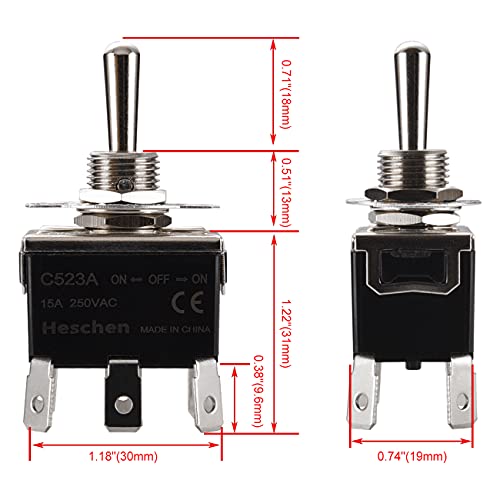 Heschen interruptor de palanca de metal DPDT mantenido ON/OFF/ON 3 posición 15A 250VAC 6 terminal de pestañas CE con tapa impermeable