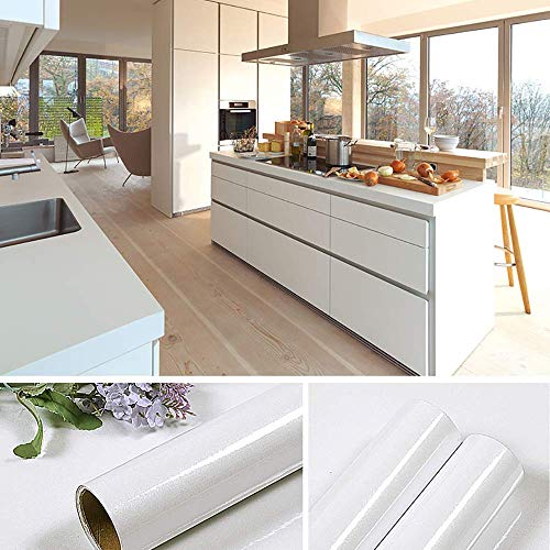Hode Papel Adhesivo para Muebles Blanco con Purpurina 30cmX3m Impermeable Vinilo Decorativo Papel Pintado Cocina Baño Mesa Armario Encimera