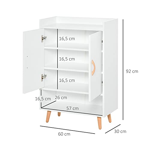 HOMCOM Mueble Zapatero de 2 Puertas Moderno Armario Auxiliar para 12 Pares de Zapatos con 4 Estantes para Recibidor Salón Dormitorio 60x30x92 cm Blanco