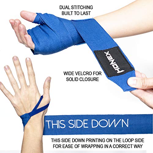 HONEX Vendas de boxeo de lucha de 4 metros, semielásticas de calidad profesional para boxeo, 40 cm, con cierre de velcro extra ancho (azul)