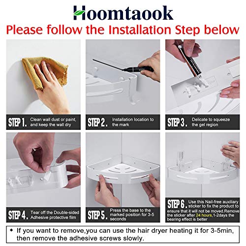 Hoomtaook Estanteria Ducha Estantería de Esquina para Baño Ducha Estanteria Baño Estantería de Esquina para Baño Ducha, Autoadhesivo, Aluminio, Acabado Mate, Estantes, 2 Piezas Blanco