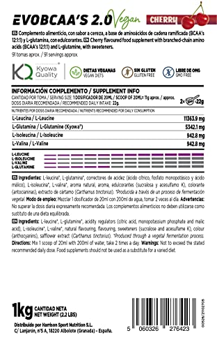 HSN BCAA con Glutamina Evobcaa's 2.0 | Aminoácidos Ramificados Ratio 12:1:1 (Leucina + Valina + Isoleucina) | Recuperador Muscular + Ganar Músculo | No-GMO, Vegano, Sin Gluten | Cereza | 1 Kg
