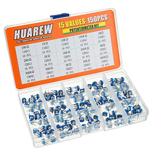 HUAREW 15 valores 150 piezas potenciómetro de película de carbono de resistencia ajustable azul y blanco 100 Ohm- 2M Ohm 6 mm pin vertical de resistencia de recorte variable kit de clasificación