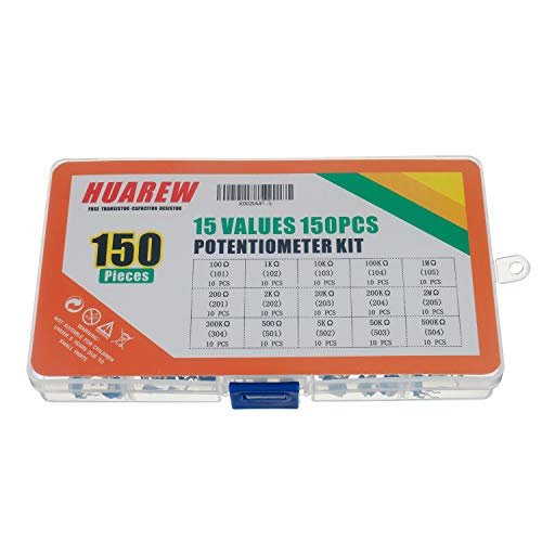 HUAREW 15 valores 150 piezas potenciómetro de película de carbono de resistencia ajustable azul y blanco 100 Ohm- 2M Ohm 6 mm pin vertical de resistencia de recorte variable kit de clasificación
