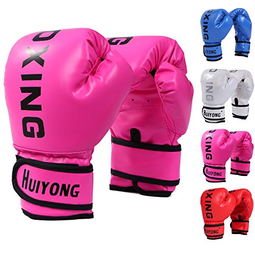 HUINING Guantes de boxeo para niños,guantes de artes marciales mixtas, guantes de entrenamiento de PU de dibujos animados, 6 onzas, para edades de 5 a 12 años (rosa de boxeo)