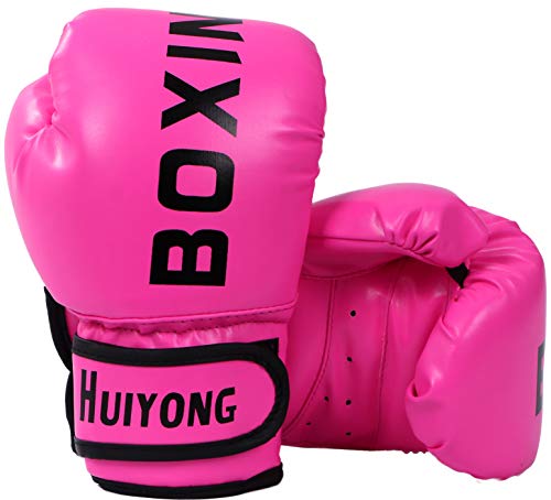 HUINING Guantes de boxeo para niños,guantes de artes marciales mixtas, guantes de entrenamiento de PU de dibujos animados, 6 onzas, para edades de 5 a 12 años (rosa de boxeo)